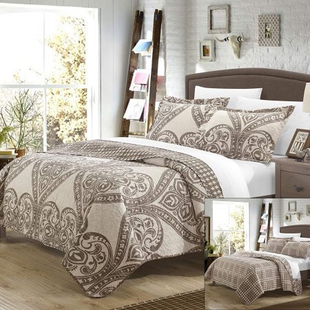 Perfect Home 3 Piece Pastola REVERSIBLE printed Quilt Set. Front a traditional pattern and Reverses into a houndstooth pattern, Queen, Beige